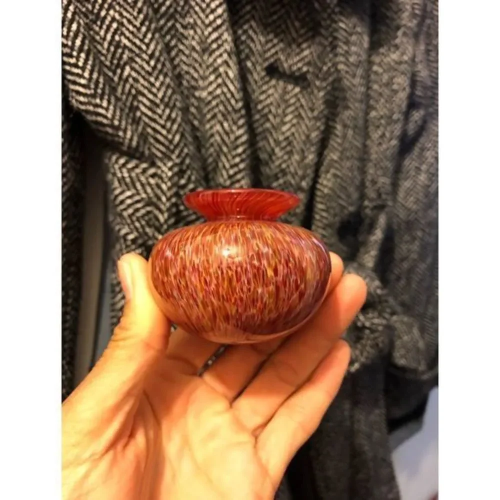 Vintage Art Glass Tiny Bud Vase Orange Red Swirl Hand Blown Glass 2